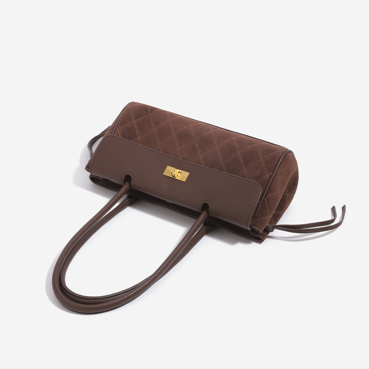 Structured diamond-quilted baguette shoulder bag with gold-tone turn-lock closure and side drawstring ties, detail view 4