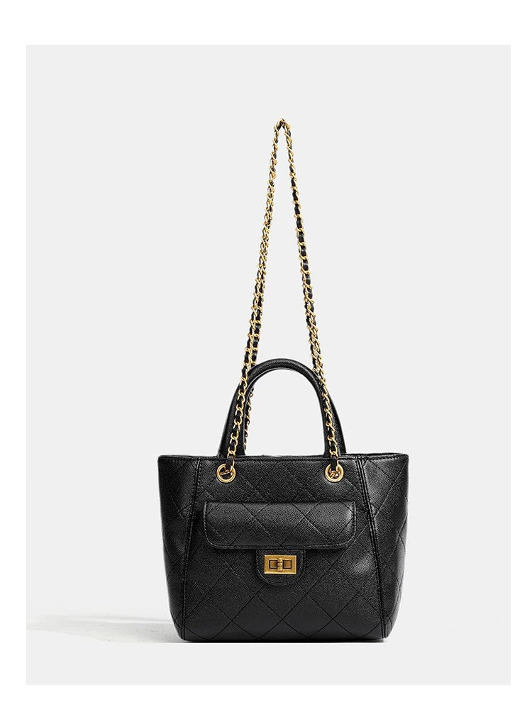 Diamond-quilted leather-look shoulder tote bag with gold-tone chain strap and dual top handles, detail view 16