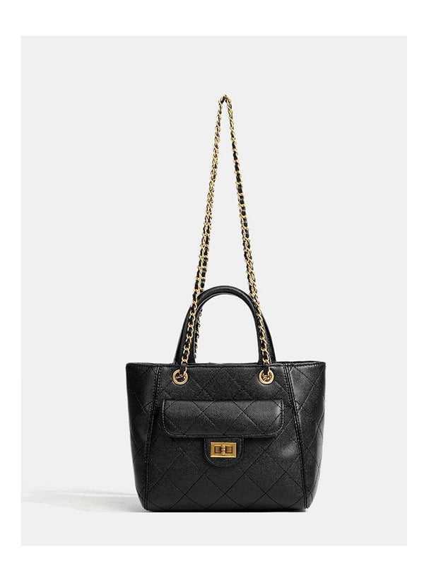 Diamond-quilted leather-look shoulder tote bag with gold-tone chain strap and dual top handles, detail view 16