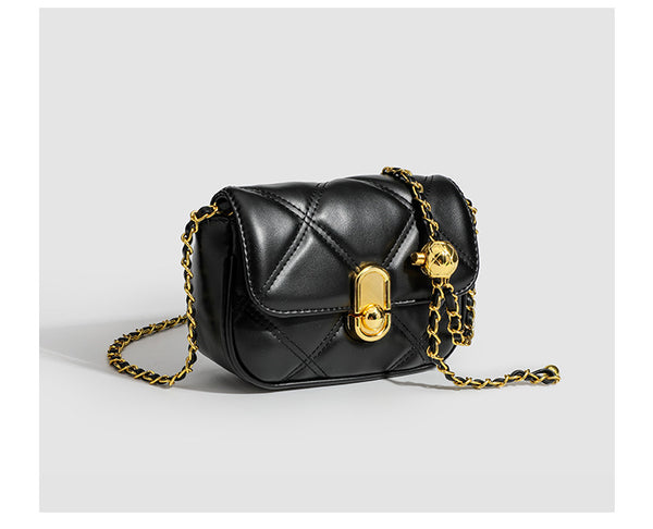 Compact diamond-quilted mini crossbody bag with gold-tone turn-lock closure and woven chain strap, detail view 15