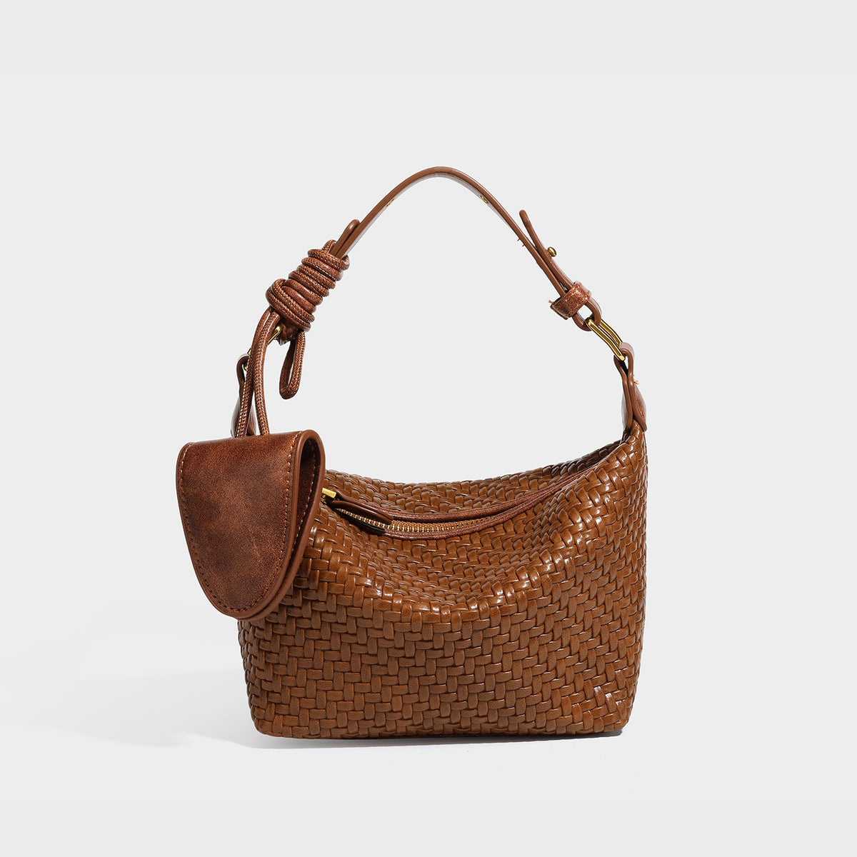 Small glossy basket-weave hobo shoulder bag in brown with knotted top handle, flap accent pocket, and gold-tone hardware
