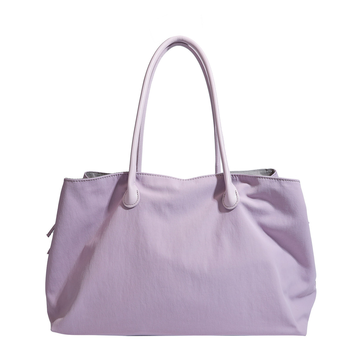 Large soft nylon tote bag with long double handles and zippered top in lavender, detail view 5