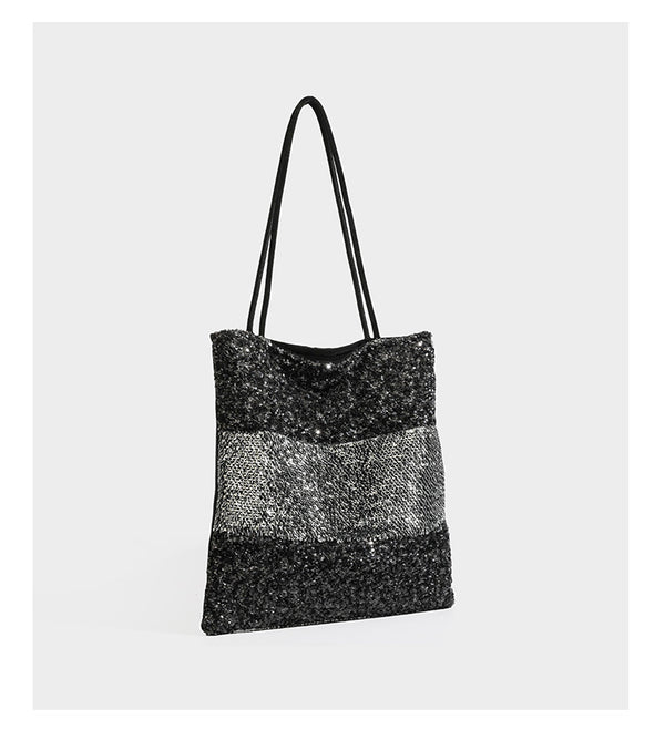 Sequin color-block shoulder tote bag with champagne and silver panels and cream leather-look straps, detail view 16
