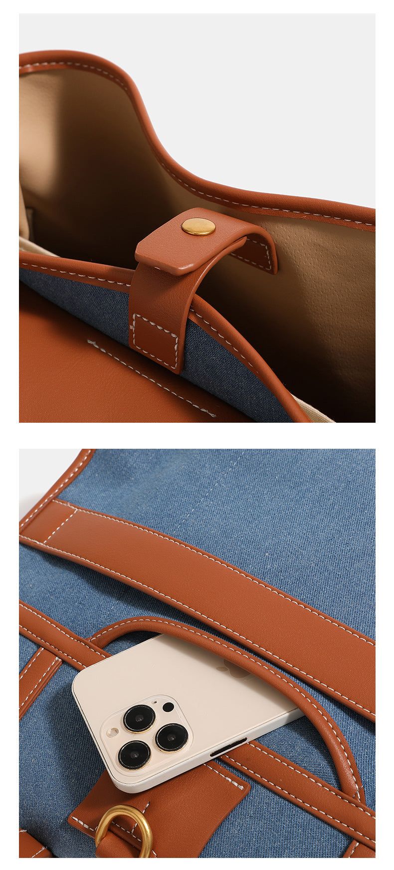 Formstabile, wandelbare Rucksack-Handtasche in Denim-Optik mit cognacbrauner Kunstlederoptik, goldfarbenen Schnallendetails und oberem Tragegriff