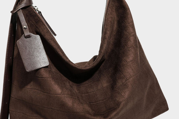 Slouchy hobo shoulder bag in matte croc-embossed leather-look finish with top zip closure and long adjustable strap, detail
