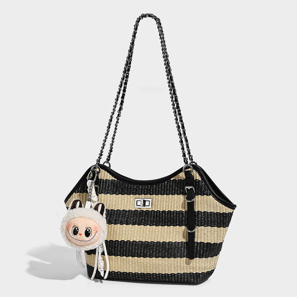 Black and natural striped woven tote bag with chain shoulder strap and silver-tone turn-lock hardware, front view