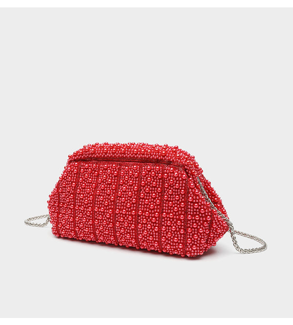 Structured faux-pearl beaded evening clutch bag with silver-tone chain strap and top zip closure, detail view 19