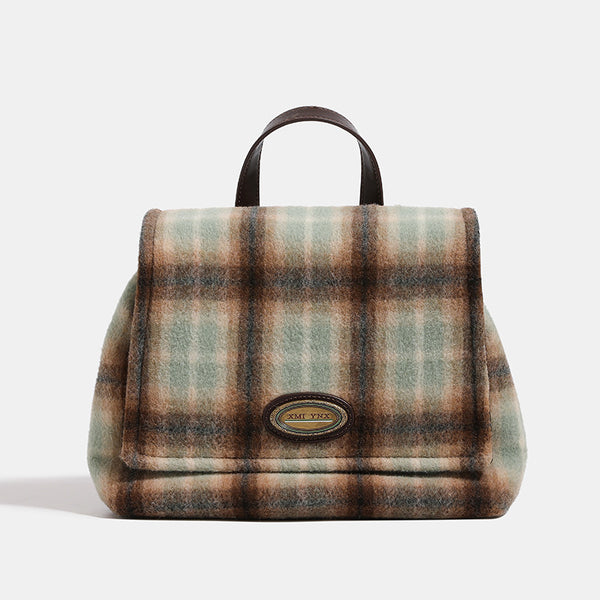 Structured plaid wool-blend flap backpack handbag in khaki sage and brown check with dark leather-look straps and antique