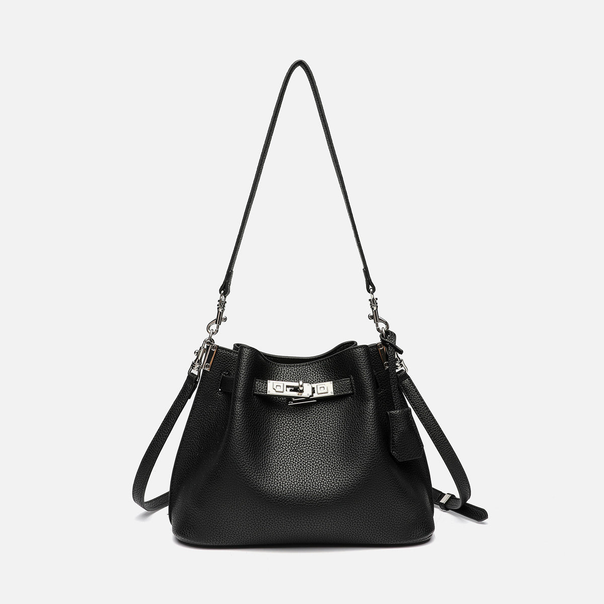 Soft-structured pebbled leather-look bucket bag with silver turn-lock front clasp and adjustable crossbody strap, detail view