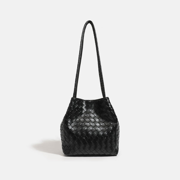 Glossy basket-weave leather-look shoulder tote bag with long braided straps and open top, detail view 6