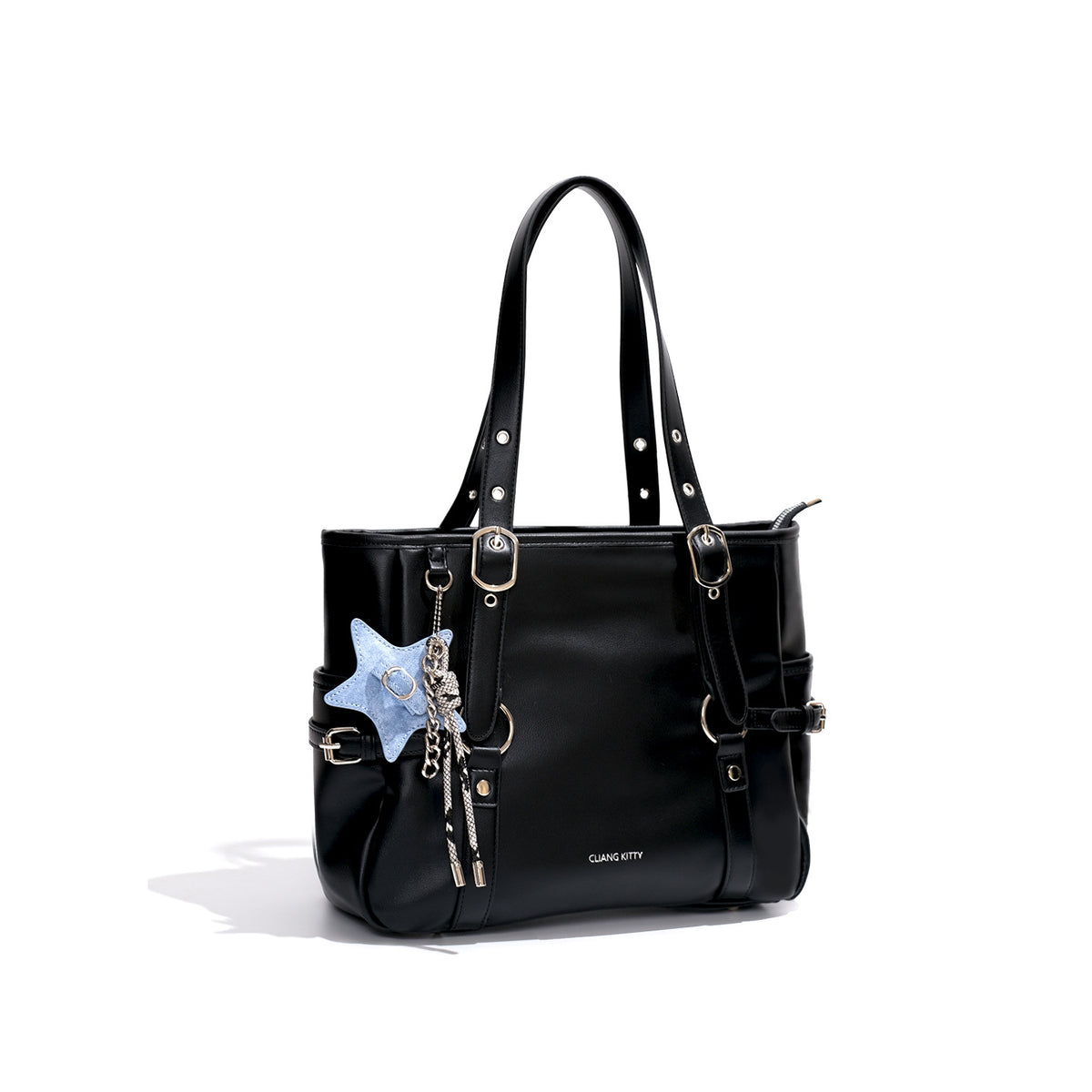 Large structured black leather-look tote bag with zip top, silver-tone hardware, side buckle straps, and detachable denim