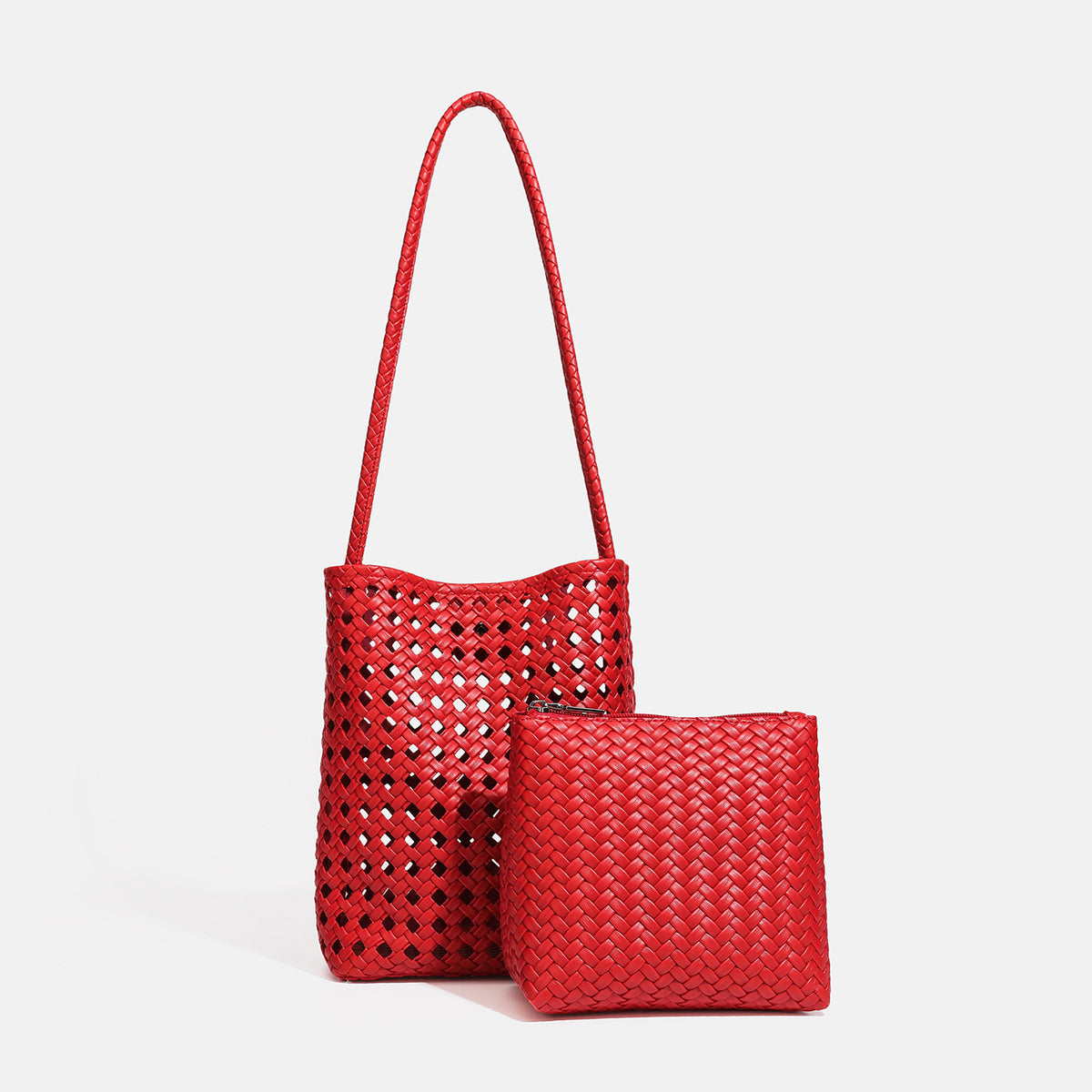 Altrosa Bucket-Bag aus offenmaschigem Webmaterial mit langem Flechtriemen und passender Innentasche mit Reißverschluss, Detailansicht 12