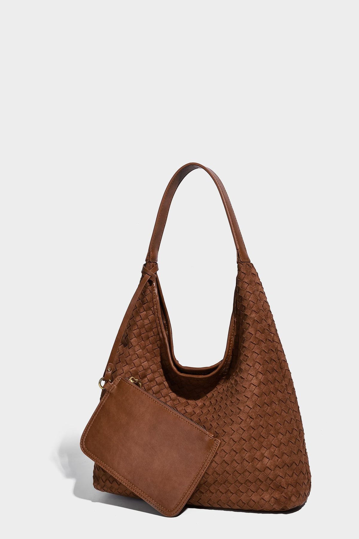 Large slouchy woven hobo tote bag with curved shoulder strap and triangular silhouette, detail view 24