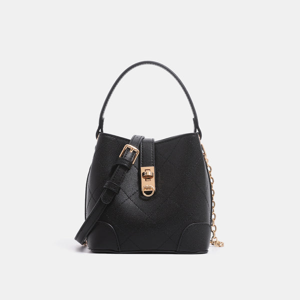 Mini diamond-quilted pebbled-finish bucket bag with gold-tone turn-lock closure and top handle, detail view 6