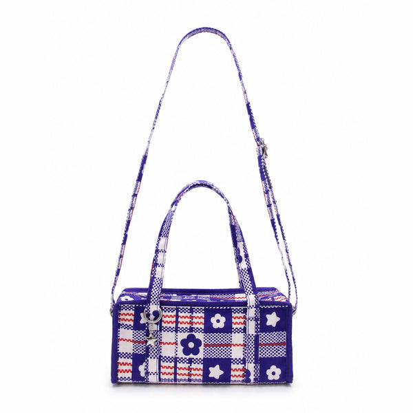 Structured rectangular retro plaid mini handbag with flower and star appliqués, silver star charm, and twin top handles