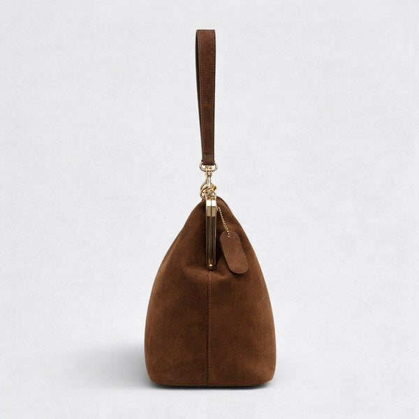 Large matte suede-look kiss-lock frame handbag with gold-tone hardware and detachable shoulder strap, detail view 14