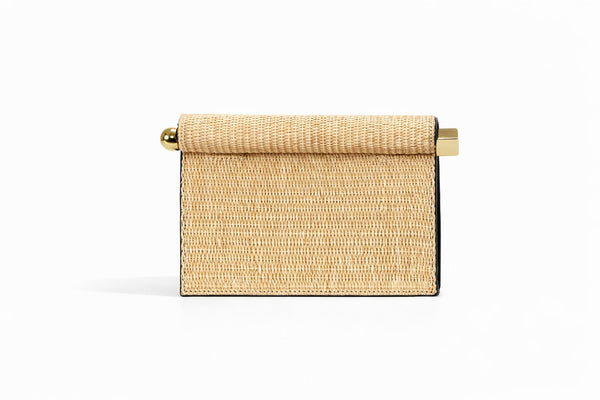 Structured rectangular clutch bag with rolled-top bar closure, gold-tone and silver-tone mixed metal hardware, detail view 13