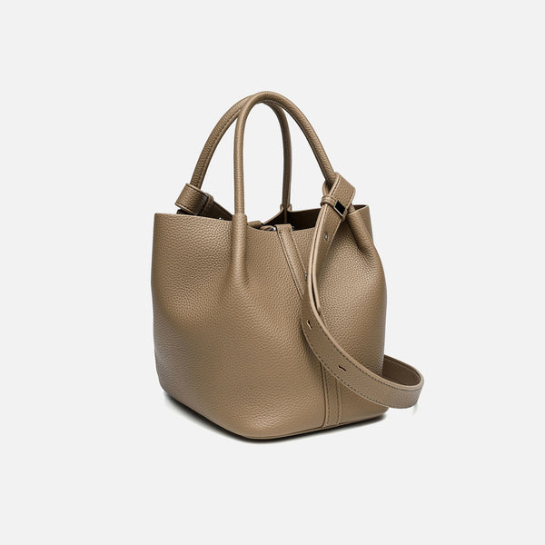 Pebbled leather-look bucket tote bag with rounded top handles and detachable shoulder strap, detail view 3