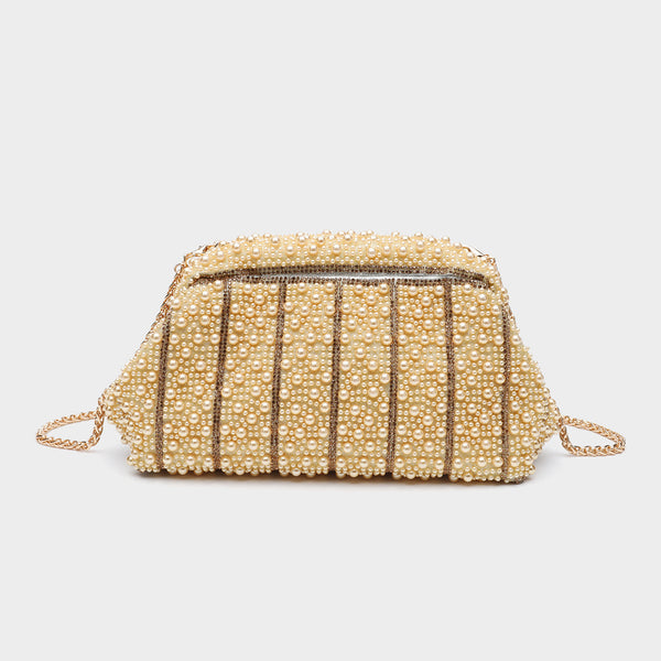 Structured faux-pearl beaded evening clutch bag with silver-tone chain strap and top zip closure, detail view 11