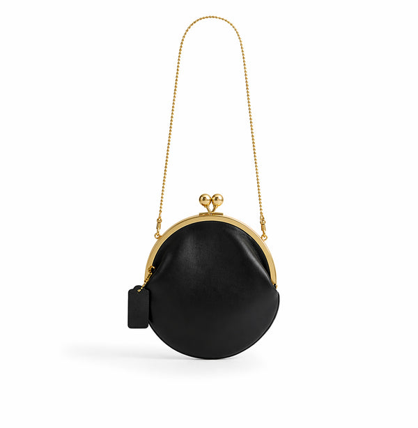 Runde Clutch mit Kiss-Lock-Verschluss, goldfarbenem Rahmen und Kugelknöpfen, Detailansicht 19