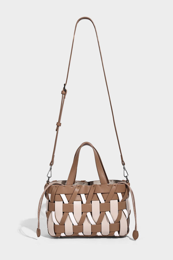 Small structured woven lattice tote bag with dual top handles and detachable shoulder strap in brown and cream leather-look
