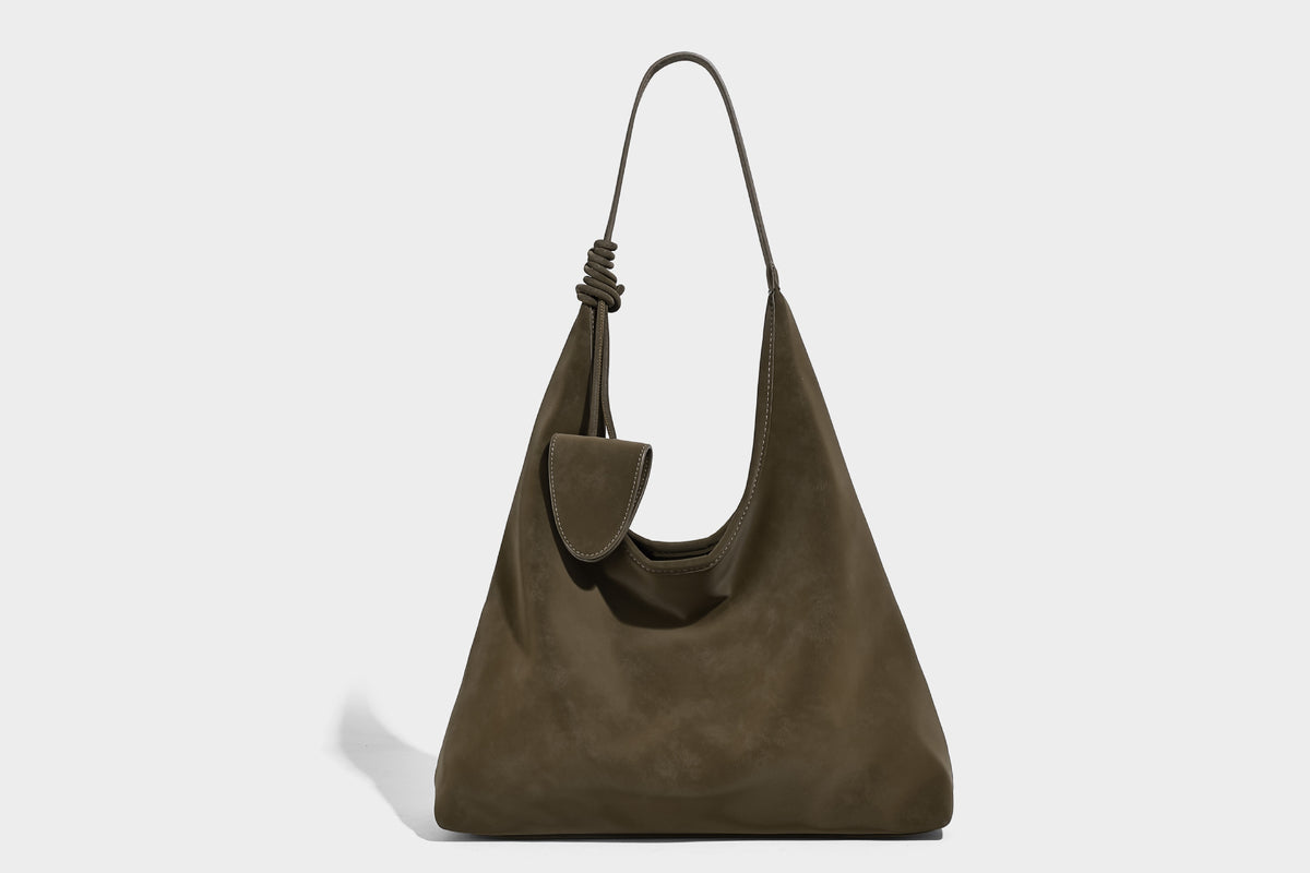 Slouchy oversized matte suede-look shoulder tote bag with knotted strap and attached front flap pouch, detail view 13