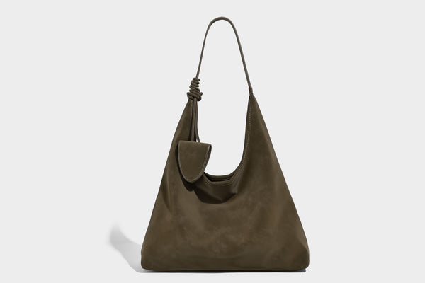 Slouchy oversized matte suede-look shoulder tote bag with knotted strap and attached front flap pouch, detail view 13