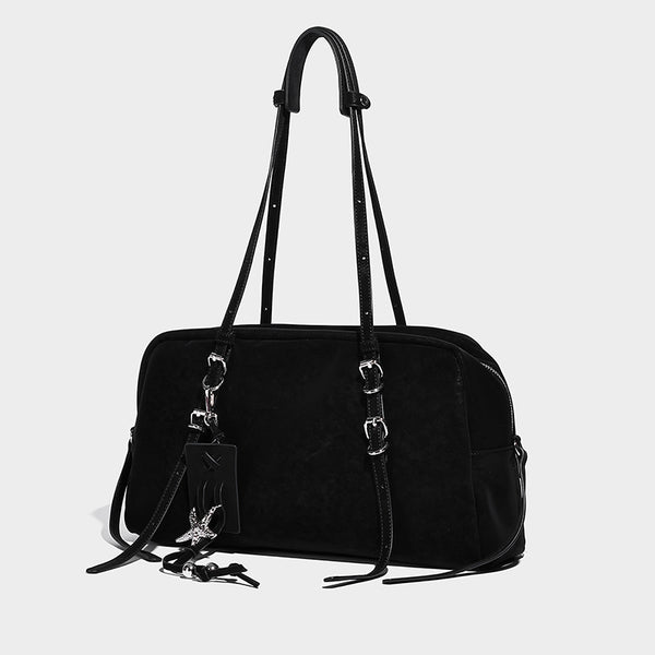 Structured rectangular matte suede-like shoulder bag with silver-tone hardware, zip closure, double top handles, and, detail