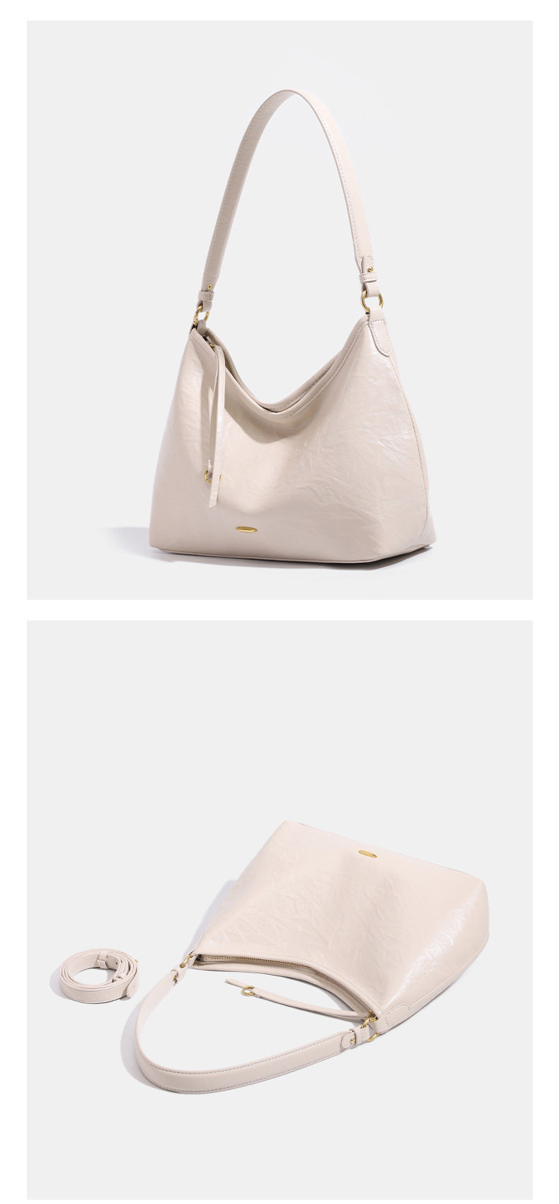 Large crinkled leather-look hobo shoulder bag with zip closure and gold-tone hardware, detail view 17