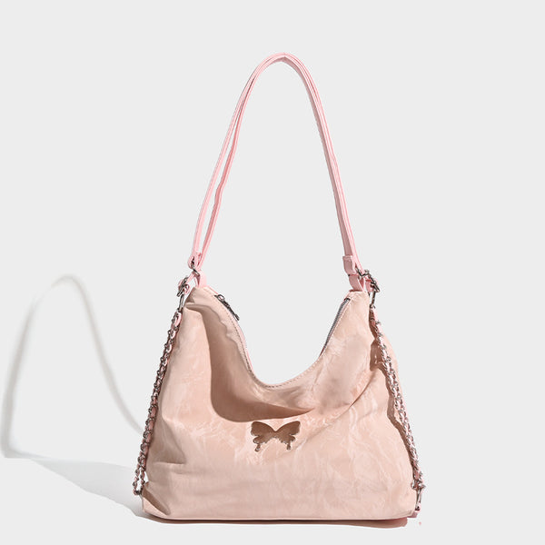Crinkle-finish hobo shoulder bag with silver-tone chain side panels and butterfly embellishment, detail view 8