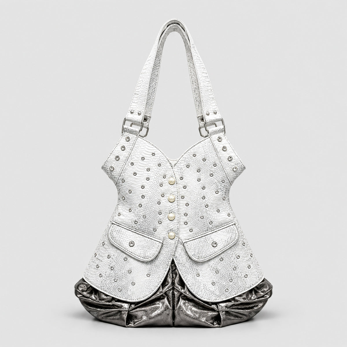 Corset-silhouette leopard-print shoulder bag with crystal and pearl-look stud hardware, front zip flap pockets, and, detail
