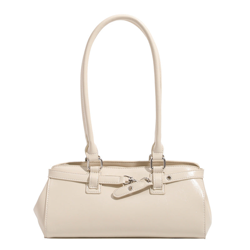 Glossy leather-look baguette shoulder bag with silver-tone hardware and buckle-strap detail, detail view 5