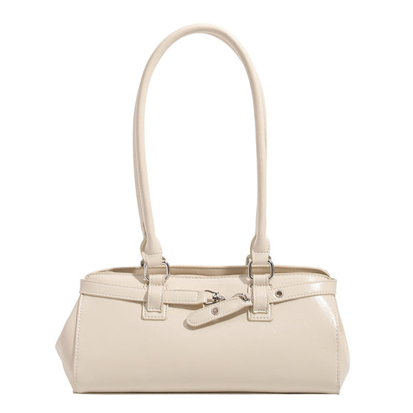 Glossy leather-look baguette shoulder bag with silver-tone hardware and buckle-strap detail, detail view 5