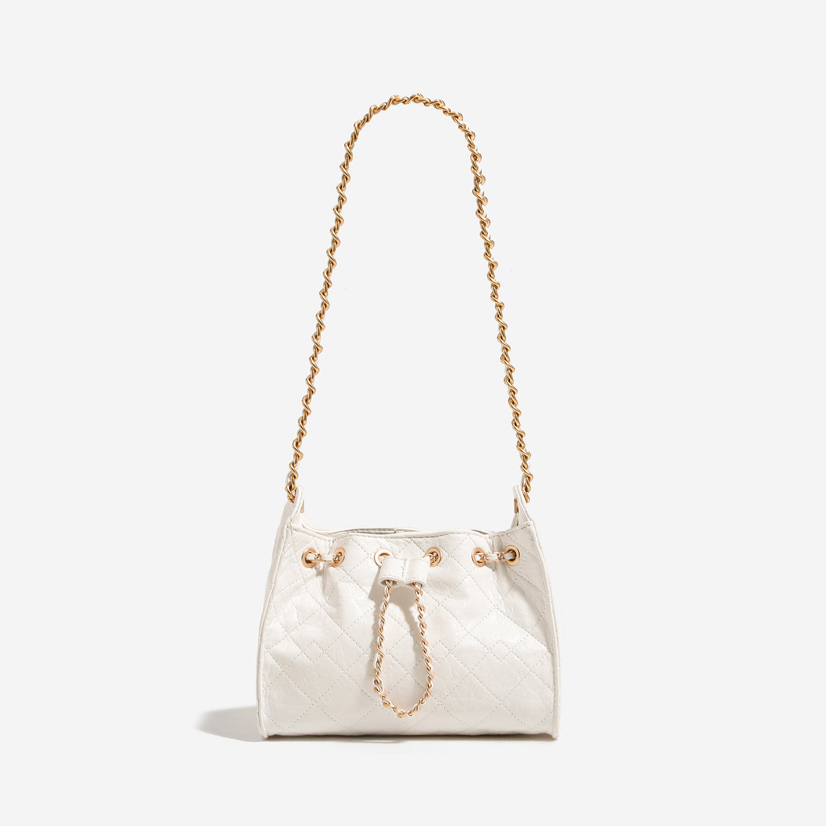 Glossy diamond-quilted drawstring bucket bag with gold-tone chain strap and eyelet hardware, detail view 8