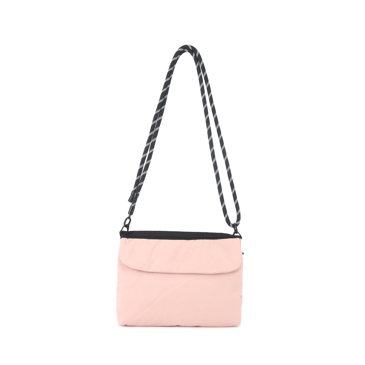 Flat rectangular crossbody bag with mesh front pocket, top zip closure, and adjustable patterned strap, detail view 9