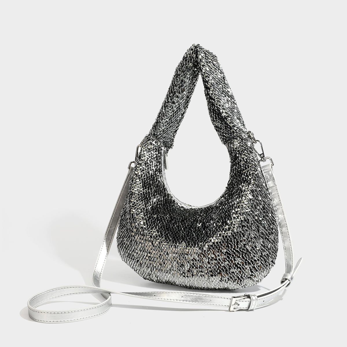 Slouchy teardrop hobo shoulder bag with all-over metallic sequin finish and silver-tone hardware, front view