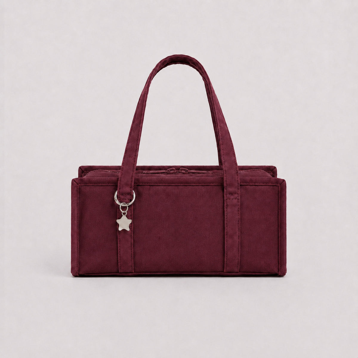 Structured rectangular retro plaid mini handbag with flower and star appliqués, silver star charm, and twin top handles