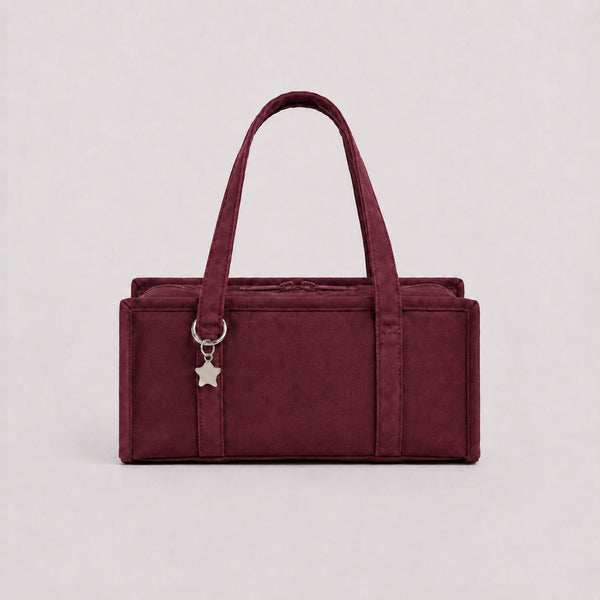 Structured rectangular retro plaid mini handbag with flower and star appliqués, silver star charm, and twin top handles