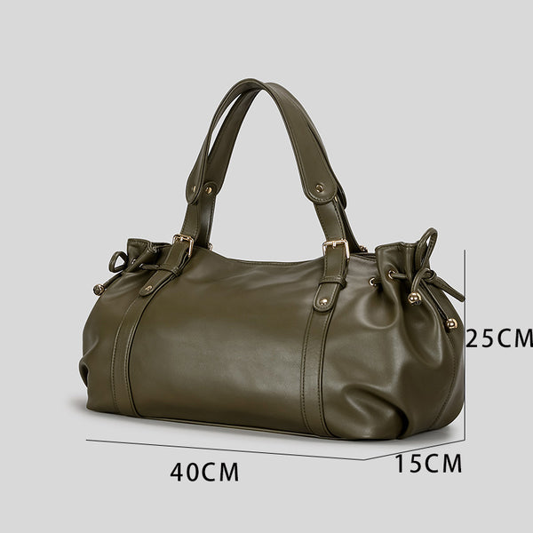 Lässige Barrel-Shopper-Tasche mit seitlichen Zugbändern, zwei Tragegriffen und goldfarbenen Schnallenbeschlägen, Detailansicht 3