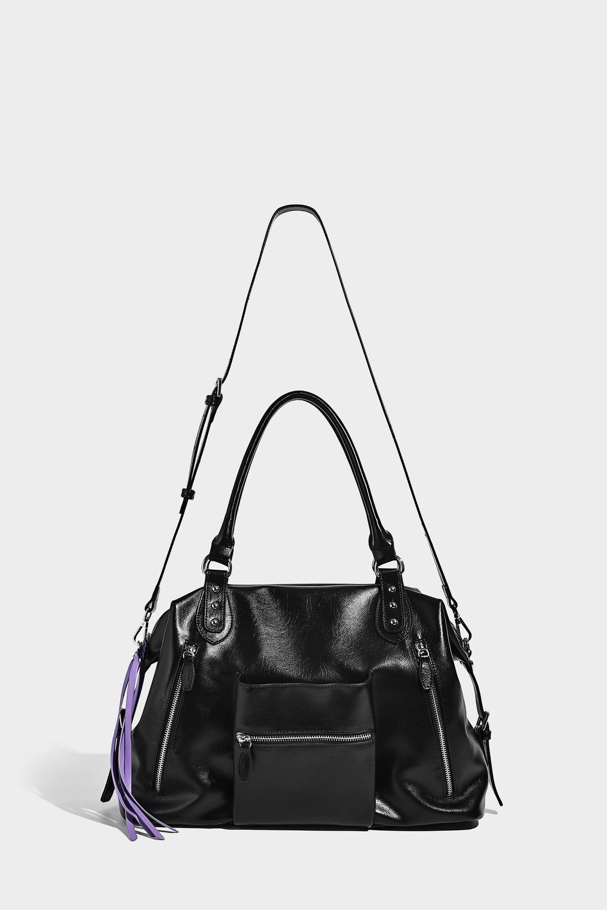 Glänzende strukturierte Tote-Henkeltasche mit zwei Tragegriffen, abnehmbarem Crossbody-Riemen, Reißverschlusstaschen auf der Vorderseite und silberfarbenen Beschlägen