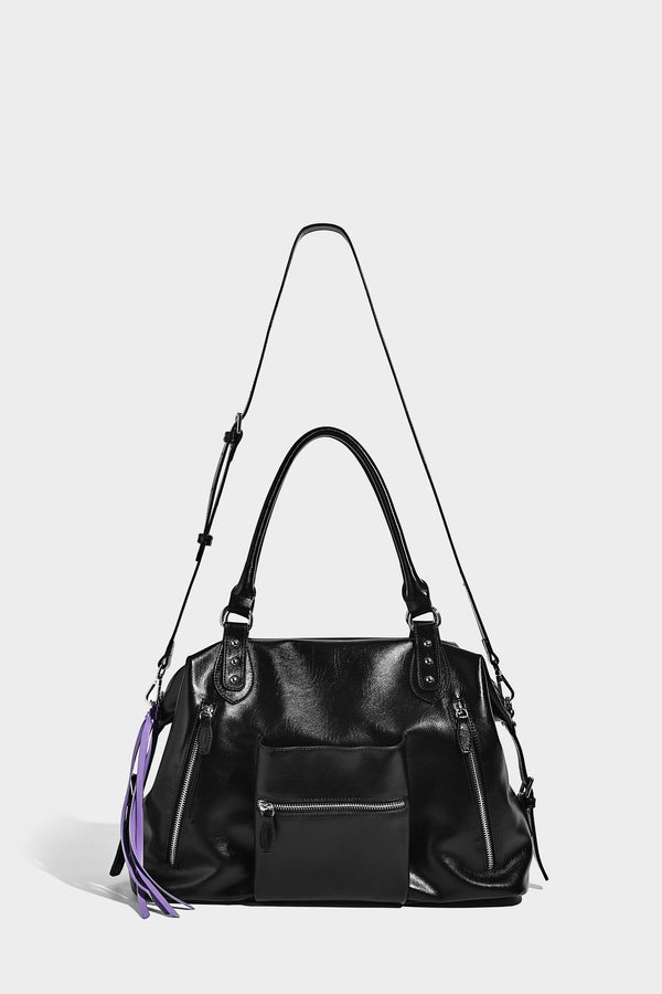 Glänzende strukturierte Tote-Henkeltasche mit zwei Tragegriffen, abnehmbarem Crossbody-Riemen, Reißverschlusstaschen auf der Vorderseite und silberfarbenen Beschlägen