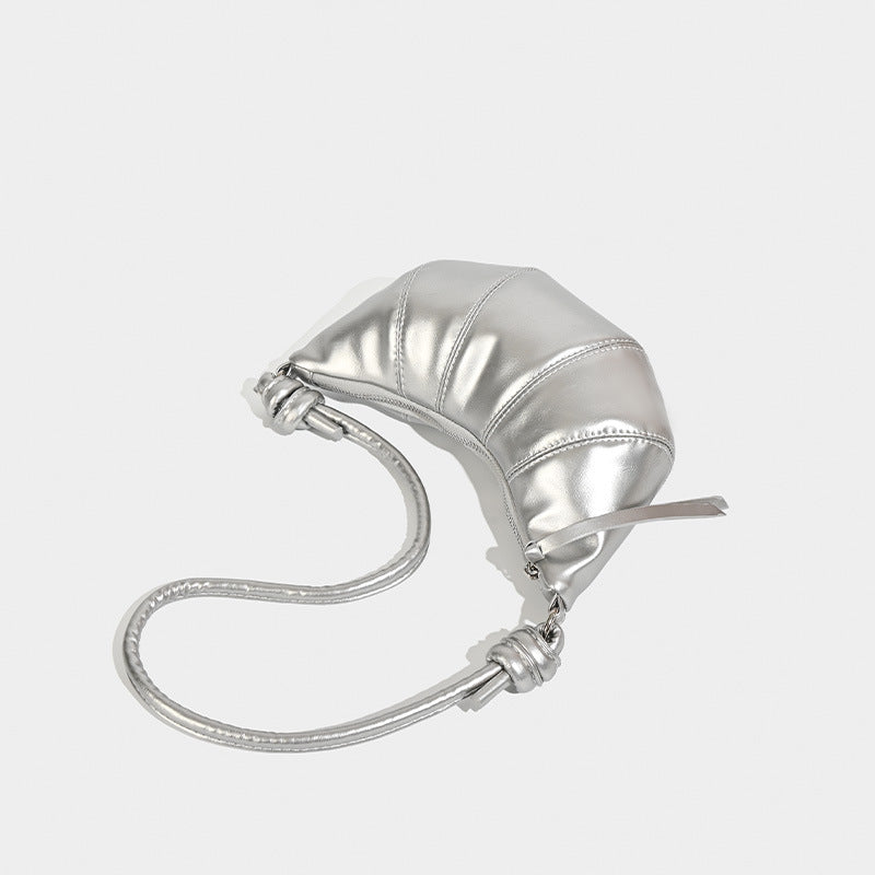 Pleated half-moon crossbody bag with knotted shoulder strap, detail view 4