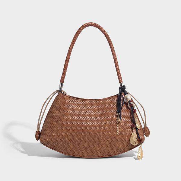 Woven leather-look hobo shoulder bag with braided strap and silver-tone hardware, detail view 3