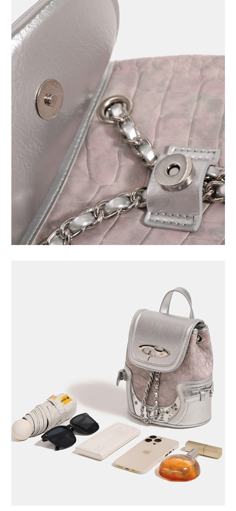 Croc-embossed mini backpack with silver metallic leather-look trim, decorative chain, and metal logo clasp, detail view 13