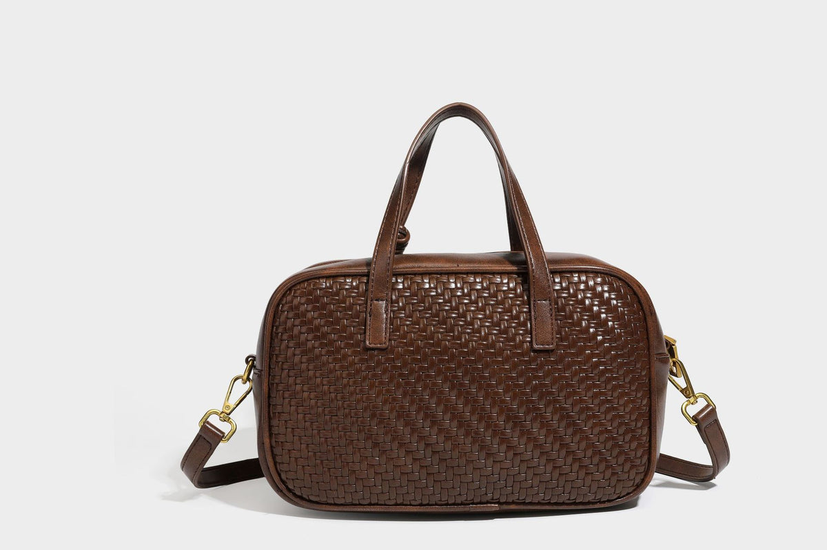 Strukturierte rechteckige Satchel-Tasche mit gewebtem Vorderteil in Lederoptik, goldfarbenen Details, zwei Tragegriffen und abnehmbarem