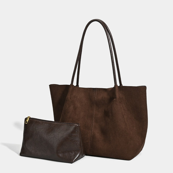 Large open-top suede-finish tote bag with slim shoulder straps in dark brown, detail view 2
