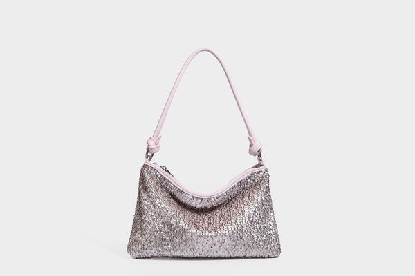 Small sequin hobo shoulder bag with knotted strap and zip closure, detail view 27