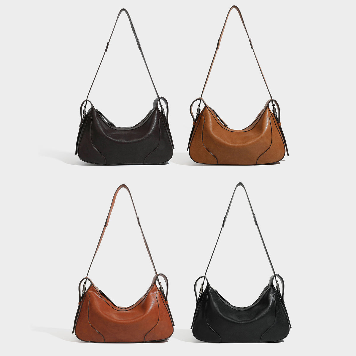 Lässig fallende, sichelförmige Hobo-Schultertasche aus dunkelbrauner genarbter Kunstleder-Optik mit Reißverschluss oben und langem Schulterriemen, Detailansicht