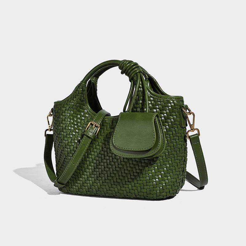 Woven texture tote bag with knotted top handles, attached front mini pouch, and gold-tone hardware, detail view 9