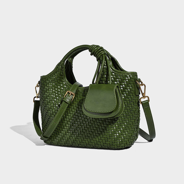 Woven texture tote bag with knotted top handles, attached front mini pouch, and gold-tone hardware, detail view 9